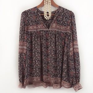 ULLA JOHNSON Soleil Silk Long Sleeve Floral Blouse Navy Blush Pink